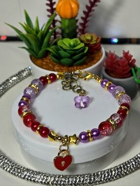 Handmade Red & Purple Beaded Heart Charm Bracelet